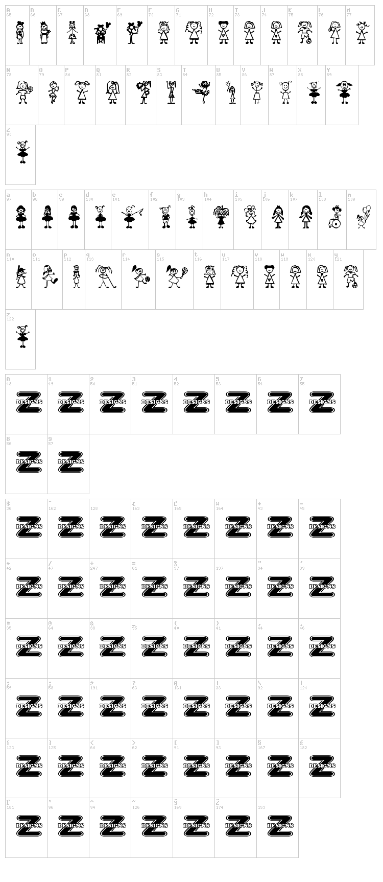 Girl Characters font map